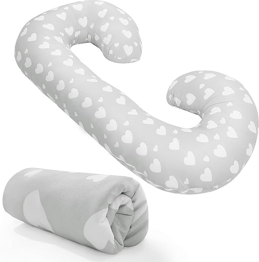 Floral Soft Pregnancy Pillow Cover (ONLY Pillowcase), C Shaped Luxurious Velvet Maternity Pillow Cover with Hidden Zip, Warm Large Pillow Protector for Side Sleeper, Grey, 60x34 in
