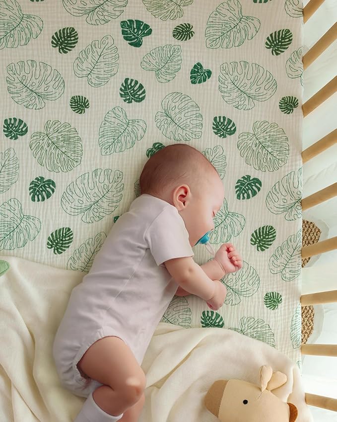 Blissful Diary Muslin Mini Crib Sheets, Pack and Play Mattress Sheets Fitted for Pack N Play, Soft Cotton for Boys Girls, 2 Pack(Monstera&Dark Green)