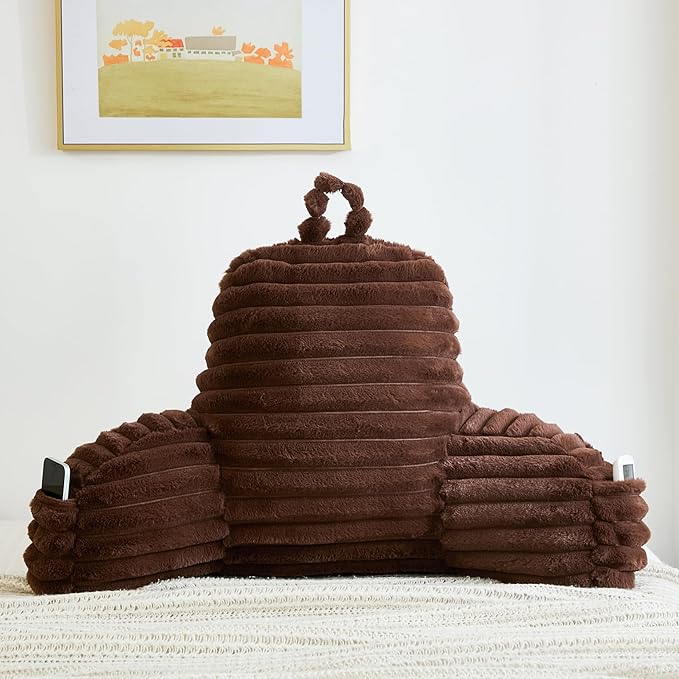 Faux Fur Fluffy Coffee Reading Pillow with Pockets, Luxury Striped Plush Decorative, Arm Rests and Back Surport for Bed Rest, Lounging on sofa, Large