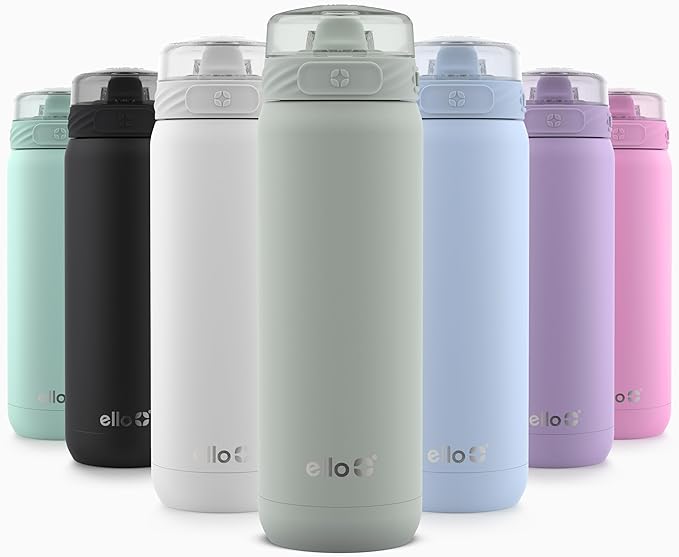 Ello Cooper 32oz Stainless Steel Water Bottle with Straw and Carry Handle, Double Walled and Vacuum Insulated Metal, Leak Proof Locking Lid with Soft Silicone Spout, Reusable, BPA Free, Sage