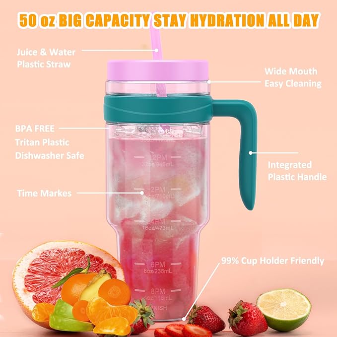 Tronco 50 oz Tritan Plastic Tumbler with Lid and Straw, BPA-Free Reusable Clear Water Bottle with Time Marker, 100% Leak Proof & Wide Mouth for Iced Coffee, Juice, Bubble Tea, Smoothies