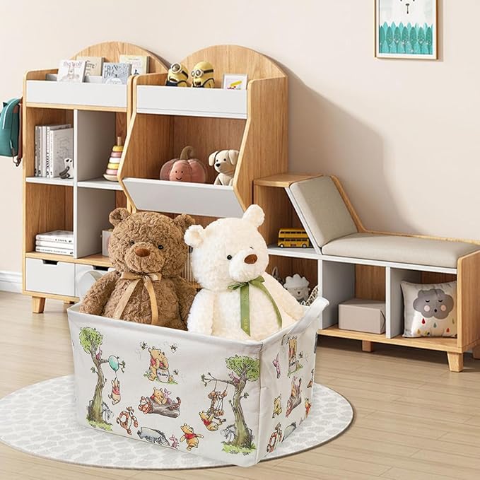 Winnie Storage Nursery Basket, Large Square Canvas Laundry Hamper With A Waterproof PE Coating, Foldable, Bathroom and Bedroom Set, Clothes ,Toys Bin, Baby Nursery Hamper Decor(White)