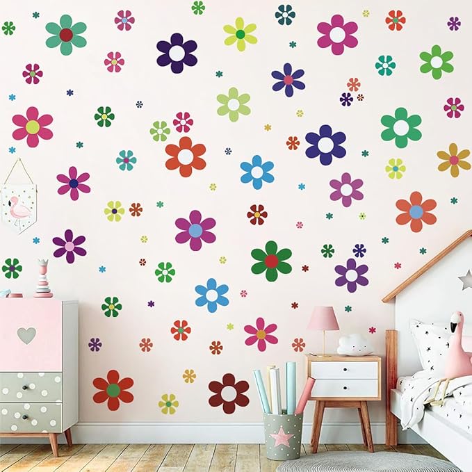 Amaonm 12 Sheets Large Daisy Wall Decals DIY Boho Sunflower Wall Stickers Peel and Stick Colorful ins Daisy Floral Wall Decor for Nursery Little Girls Teens Bedroom Living Room (12 Sheets of 133pcs)