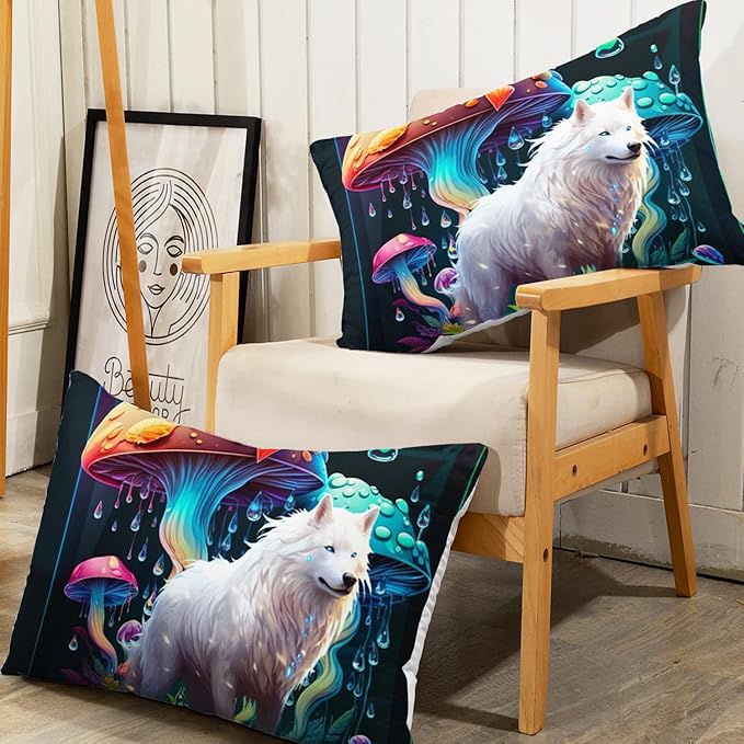 AILONEN White Wolf Fitted Sheet Set Twin Size, Cartoon Mushroom and Cute Wolf Bed Sheet Set,3 Pieces Rain Mushroom Fitted Sheet with 2 Pillowcases for Boys Girls
