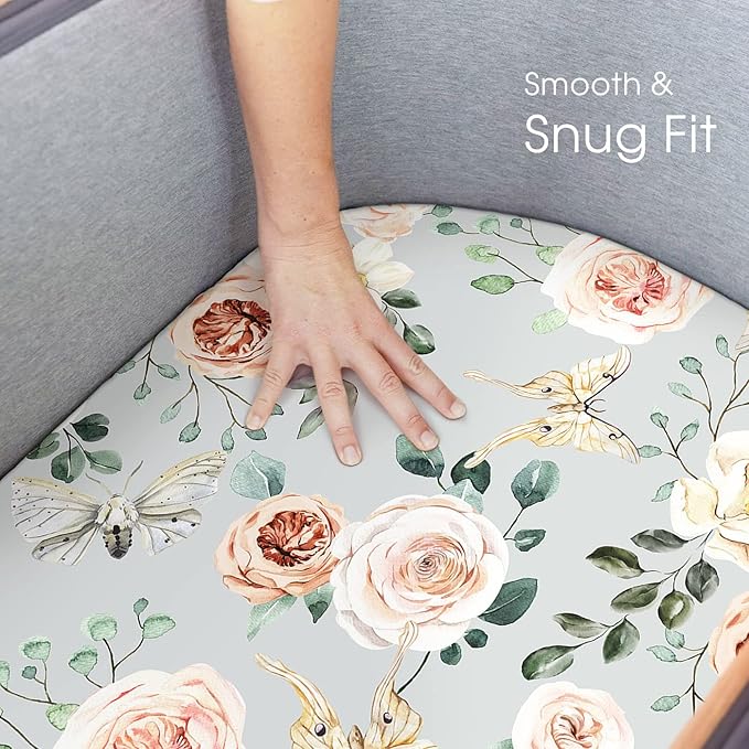 GRSSDER Stretchy Ultra Soft Fitted Bassinet Sheet Set 2 Pack for Girls Universal Fit for Baby Cradle Moses Basket Oval Rectangle Mattress, Watercolor Flowers and Fruits