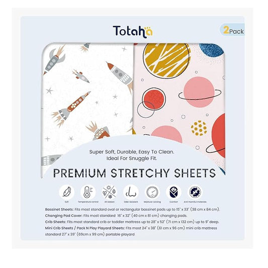 TotAha Premium Stretchy Space Crib Sheets (2-Pack)-Hypoallergenic, Silky Comfort, Buttery Soft, Calming Effect, All-Season Jersey-Knit Sheets, 9'' Extra Deep Pocket