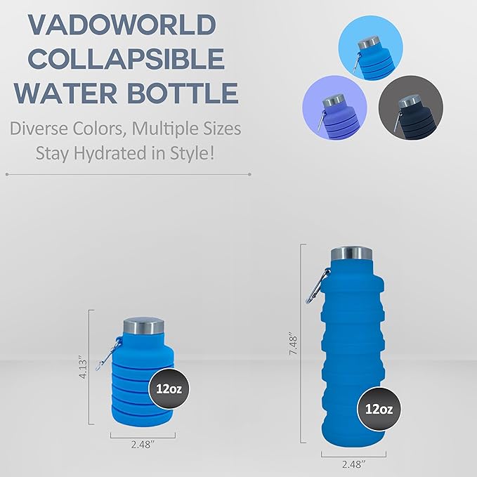 Collapsible Water Bottles 12oz, Odorless BPA-Free Silicone, Leak-Proof Foldable Reusable Bottle - Perfect for Travel Sports Gym Hiking Camping Cycling - Light Blue
