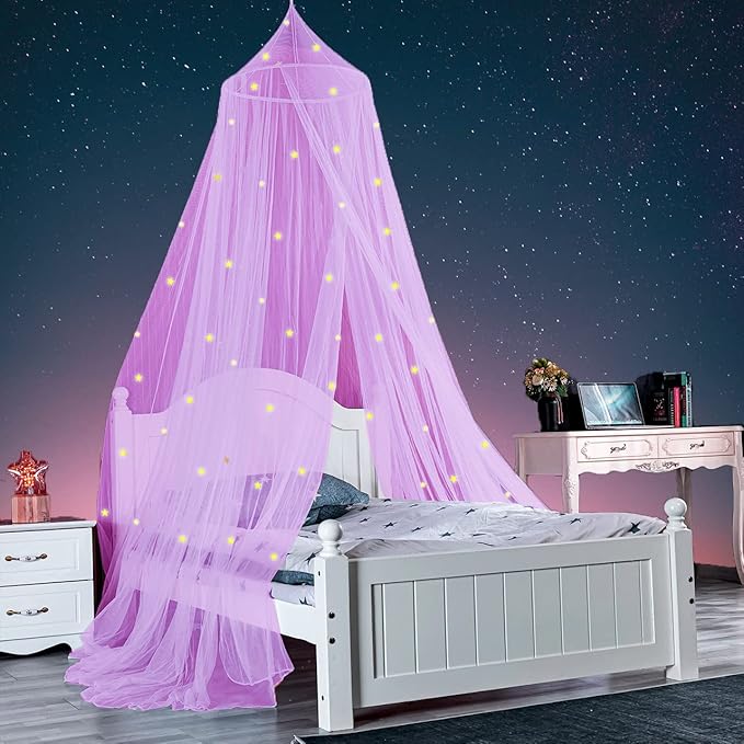 Bed Canopy for Girls, Glowing Stars Bed Curtain Draperies Romantic Mosquito Net for Baby, Kids, Adult (Purple)