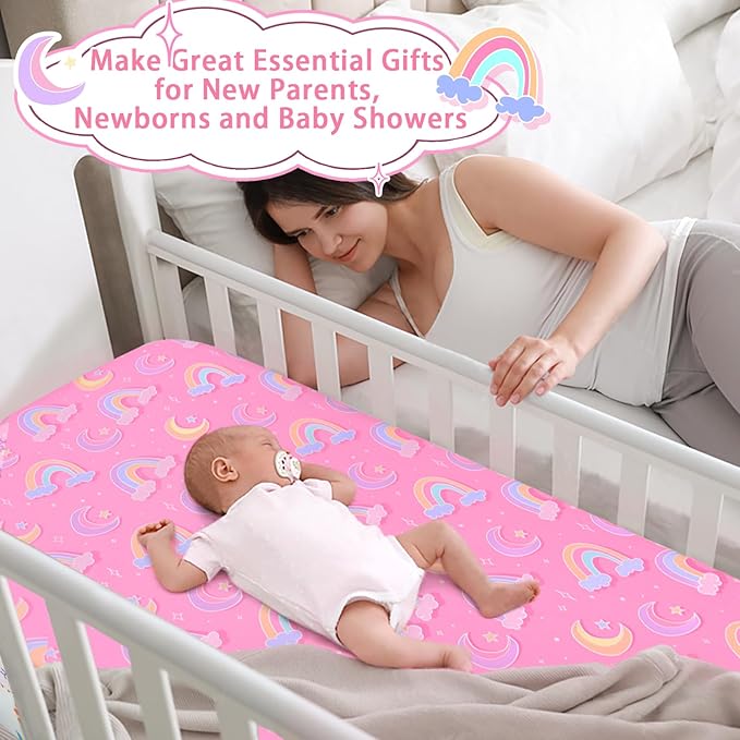 JISEN Baby Crib Sheets Soft Breathable Pink Rainbows Fitted Crib Sheets Baby Sheet for Standard Crib and Toddler Mattress Baby Bed Sheets for Crib for Baby Boys Girls Neutral 52x28 Inch