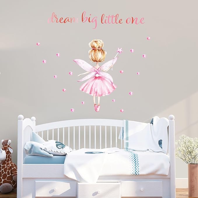 Pink Little Ballerina Decor for Girls Room Dream Big Little One Baby Nursery Wall Decals Peel and Stick Barbie Princess Wall Stickers & Murals for Girls Bedroom Living Room Classroom Playroom