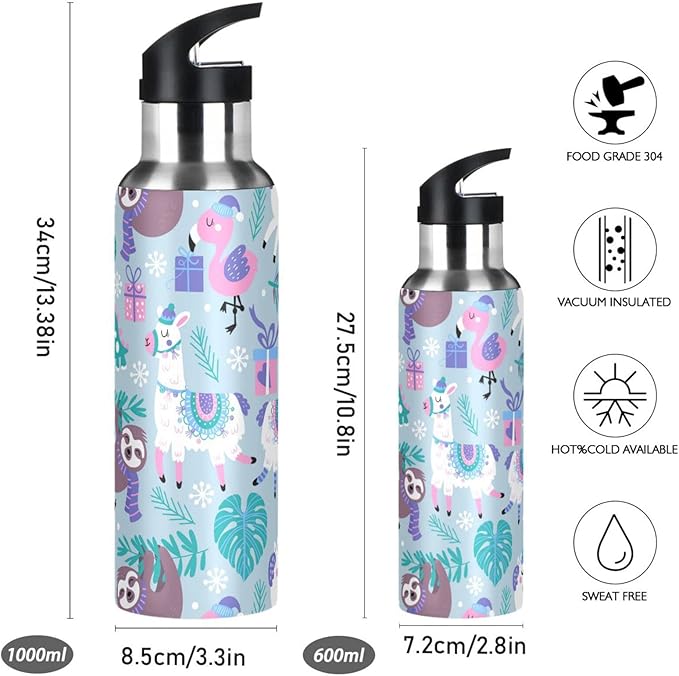 senya 20 Oz Water Bottle with Straw Animals Alpaca Llama Sloth Dinosaur Stainless Steel Water Bottle for Traveling Sports Leakproof Insulated Water Bottle