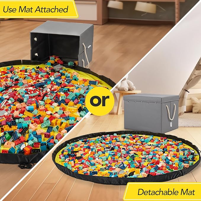 Toy Storage Organizer and Play Mat for Kids - Foldable Organizer Storage Bins with Lids - Detachable Mat Storage Bag Kids Toy Box for Boys, Girls, Nursery, Playroom, 11.6''x11.6''x15.5''(Grey)