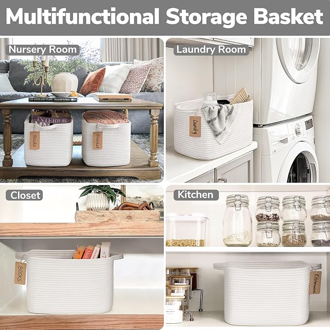 Goodpick Rope Basket, Storage Baskets for Organizing, Rectangle Baby Nursery basket with Handles, Small Woven Basket for Shelves, Living Room, 13 x 10 x 9 Inches, White