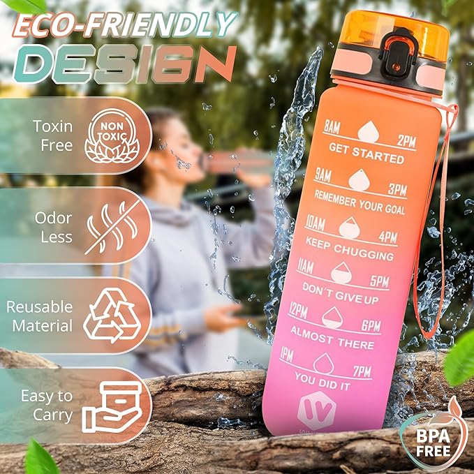 32 oz Water Bottle with Time Marker Leak-Proof & BPA Free Reusable Gym Water Bottle Easy to Carry Motivational Water Bottle for Fitness, Sports, Outdoor, Cycling, School & Office (Blue & Pink)