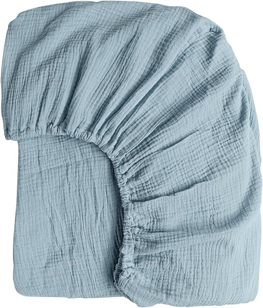 Konssy Muslin Fitted Crib Sheets 100% Cotton Baby Crib Sheets for Standard Crib Mattress (28 X 52 Inches), Soft and Breathable for Boy, Girl (Air Blue)