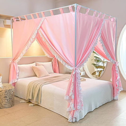 AIKASY Peach Pink Canopy Bed Curtains with Top Ties and Tie Backs for Bedroom Decoration - King Size Bed Curtains with Windproof and Lightproof Features