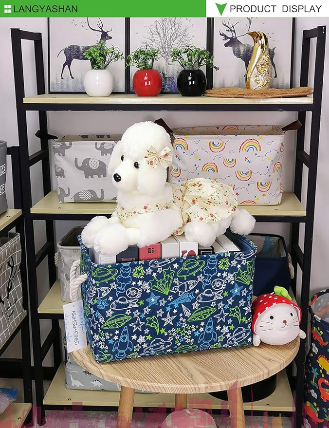 LANGYASHAN Rectangular Storage Bin Collapse Canvas Fabric Cartoon Storage Basket with Handles for Organizing Home Kitchen Boys and Girls Toys Office Closet Shelf Baskets (Full Spaceship)