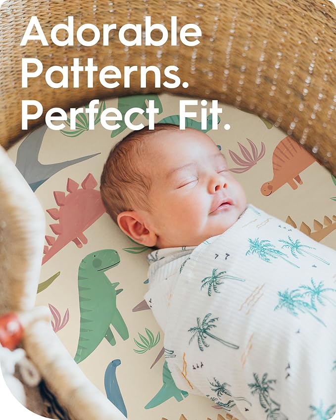 Bassinet Sheets for Baby Boy Girl, TotBasic Buttery Soft Universal Bassinet Fitted Sheet, Compatible with Halo, Mika Micky, Baby Delight, Dream On Me, Maxi COSI & More Bassinet Mattress(PinkDinosaurs)