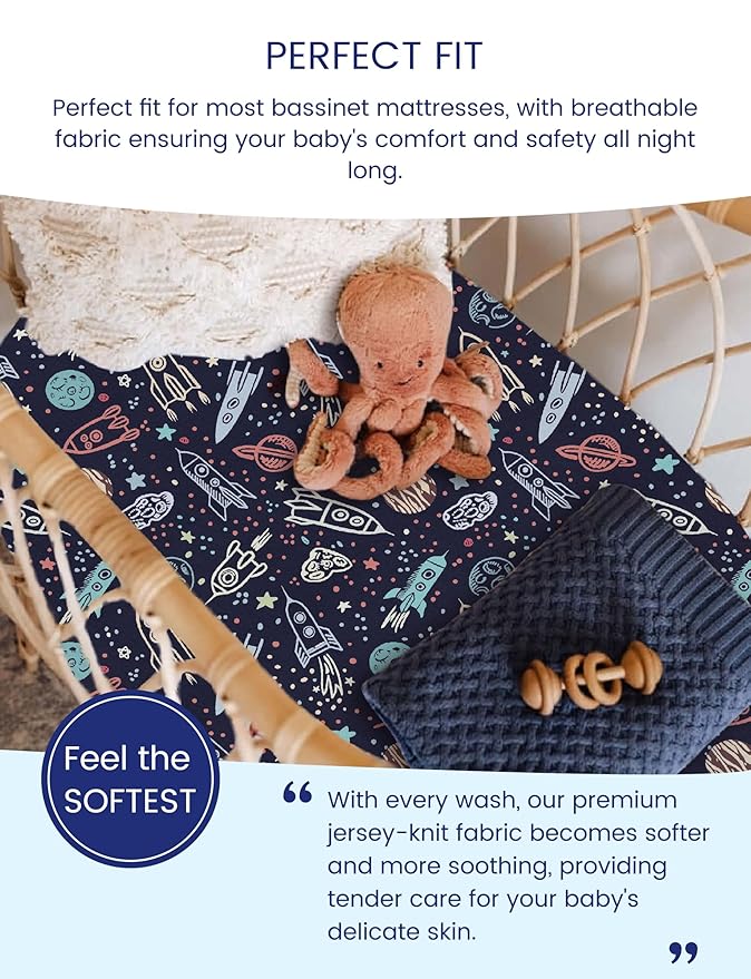 TotAha Premium Soft Space Bassinet Sheet for Boy Girl, Super Stretchy Jersey Knit Bassinet Fitted Sheet, Compatible with Halo, Maxi COSI, Mika Micky, SNOO, Baby Delight Mattress, 2 Pack