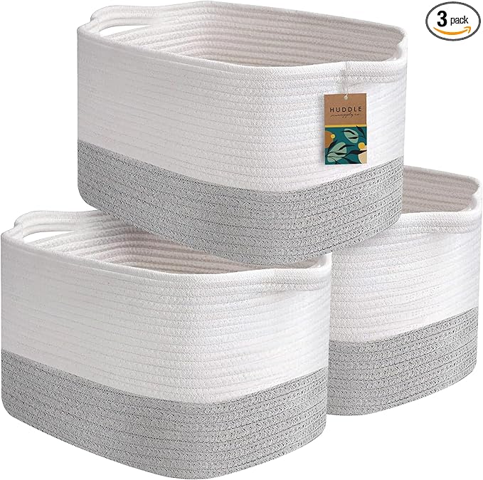 Washable Woven Storage Baskets for Organizing - 3-Pack Cotton Rope Basket with Handles - Decorative Storage Bins, Storage Baskets for Shelves, Nursery Storage Bins, Cube Baskets - White & Grey