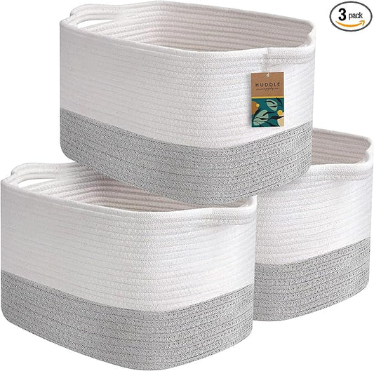 Washable Woven Storage Baskets for Organizing - 3-Pack Cotton Rope Basket with Handles - Decorative Storage Bins, Storage Baskets for Shelves, Nursery Storage Bins, Cube Baskets - White & Grey