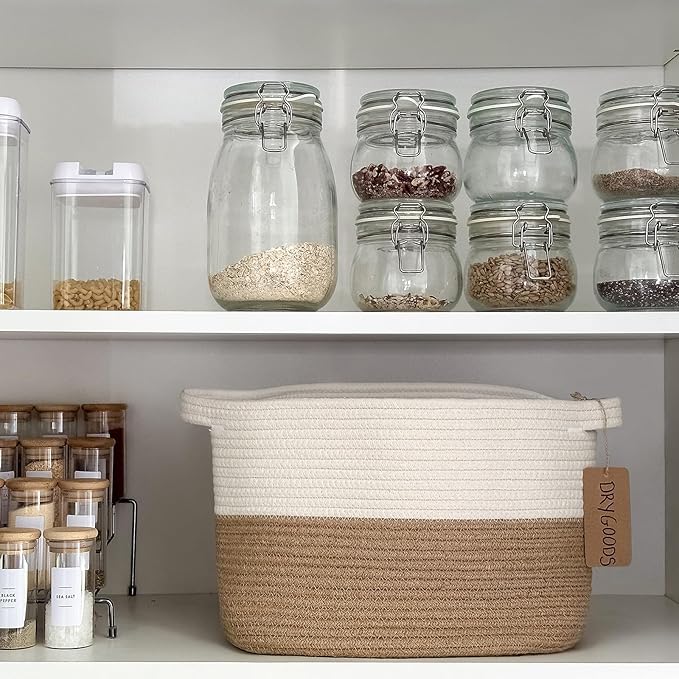 Goodpick Woven Storage Baskets for Organizing, Dog Toy Basket Medium Empty Gift Basket with Handles, Square Wicker Basket, White and Jute Storage Bin, 13.5 x 11 x 9.5 Inches