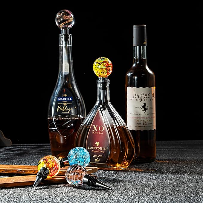 Wine and Beverage Bottle Stoppers with Blue Galaxy Glass Grip Top, Reusable Wine Saver for Gifts, Bar, Holiday Party, Wedding