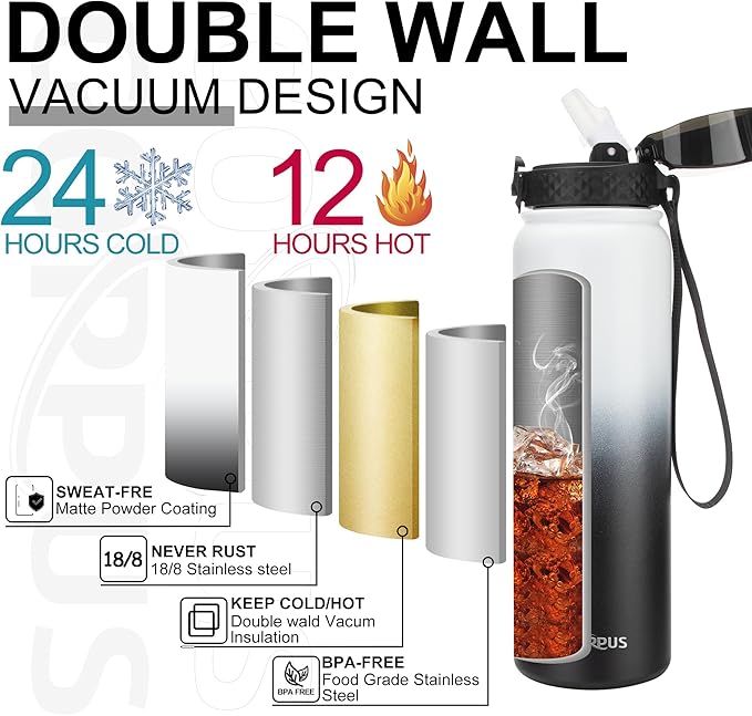 GOPPUS 32 oz Sports Water Bottle 1 Liter Double Wall Insulated Stainless Steel Water Bottles with Straw Lid Reusable Leak proof Metal water bottles with Strap Handle(White Black 1 lid)