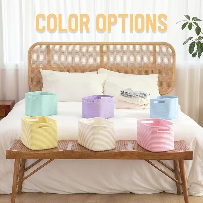 4 Pack Storage Baskets for Organizing Toys, Towels, and Clothes, Woven Basket for Shelves, Sturdy Nursery Cube Bins for Storage, 13''L x9''W x7.8''H, Pink