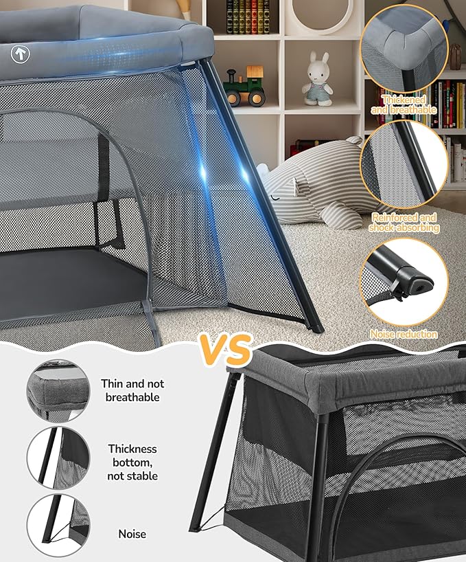 ELEMARA Big Travel Crib for Baby,Portable Crib with Comfortable Mattress,Lightweight Foldable Playpen with Long-Lasting Frame, Indoor & Outdoor Use Playard, Pack and Play for Toddlers（Light Grey）