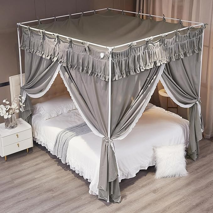 Ruffle Lace up 4 Corners Post Princess Curtain Bed Canopy Cozy Breathable Mosquito Net Cloth for Girls Adults Bedroom Decoration (Grey, 59" W*82" L*82" H/Queen)