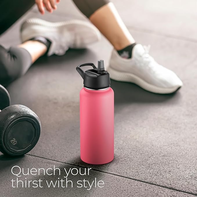 SipX™ Triple-Insulated Stainless Steel Water Bottle 32oz. With 3 Lids, BPA-Free Reusable Insulated Water Bottle Keeps Cold 24 Hours, Metal Water Bottle Made Of Sustainable Material For Hiking & Biking