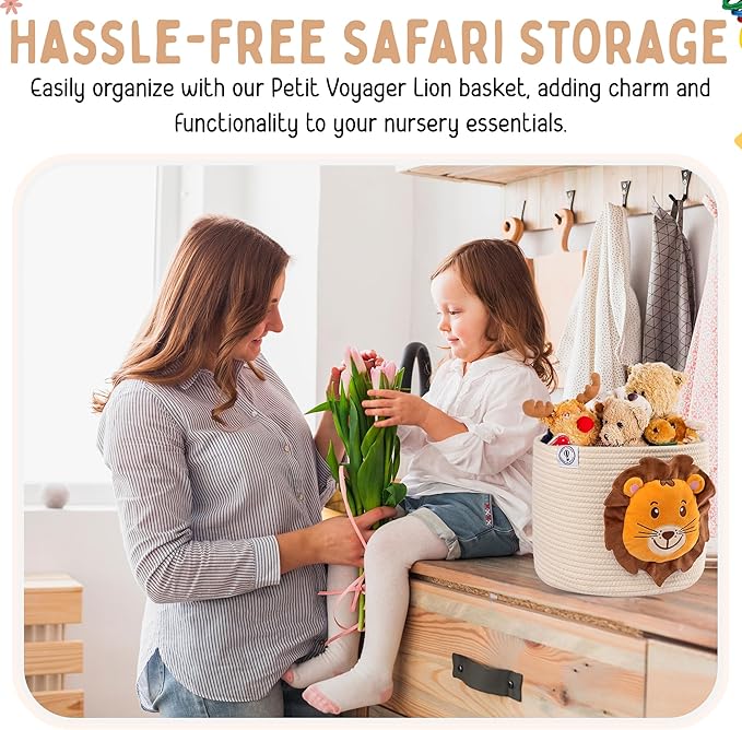 Lion Baby Basket - Charming Cotton Rope Nursery Basket, Cute Basket for Lion Nursery Decor and Toy Baskets for Kids Room, Decorative Animal Baskets for nursery