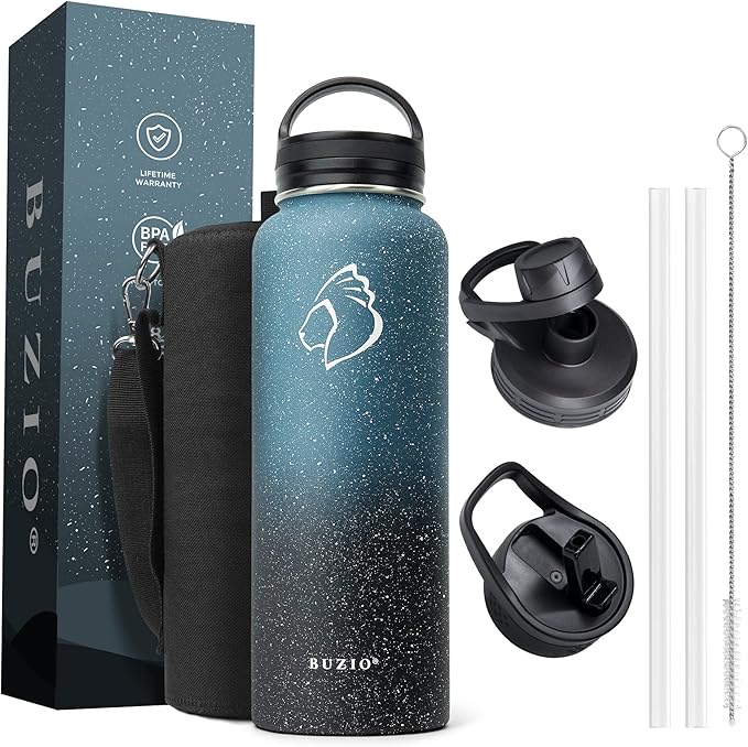 BUZIO Water Bottle with Straw lid, Spout Lid, Hand Lid and Carrying Pouch, 32oz 40oz 64oz Stainless Steel Water Flask Jug, Cold for 48 Hrs Hot for 24 Hrs Double Vacuum Thermo Canteen Mug, BPA-Free