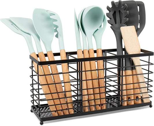 RedCall 3 Compartments Utensil Holder,Extra Large Cooking Utensil Organizer for Countertop,Black Metal Spoon Spatula Holder,Kitchen Tools Storage Holder,Kitchen Decor