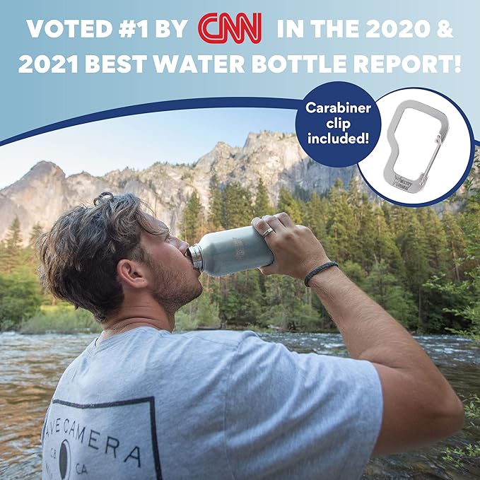 Healthy Human Stainless Steel Water Bottle | Double Walled Vacuum Insulated Water Thermos for Adults | Eco-Friendly Travel Bottles with Leak Proof Lid (Blue Wood, 21 oz/ 621 ML)