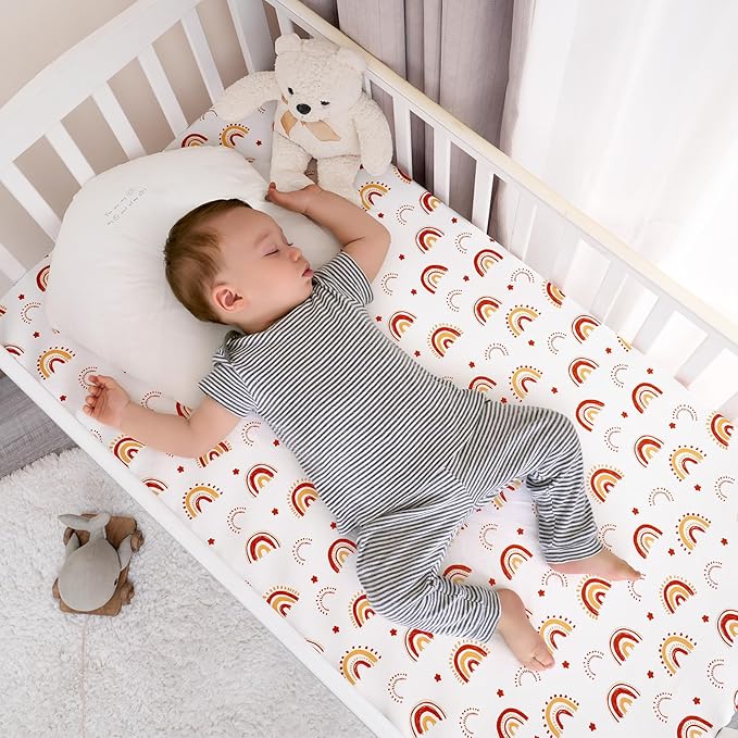 PHF Soft Crib Sheet Fitted, 2 Pack Baby Sheets for Boys Girls, 28x52x9in Fits Standard Crib and Toddler Mattresses, Silky Comfy Breathable Polyester Baby Mattress Sheets, Rainbow