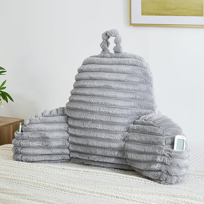 Faux Fur Fluffy Gray Reading Pillow with Pockets, Luxury Striped Plush Decorative, Arm Rests and Back Surport for Bed Rest, Lounging on sofa, Standard