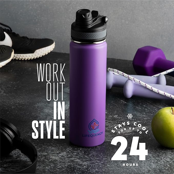 Insulated Water Bottle with Straw and Handle 22 oz-Stainless Steel Water Bottles with Straw, Dual Cap Function & Sleeve, Keeps Drinks Hot Up to 12 Hours & Cold Up to 24 Hours (Purple)