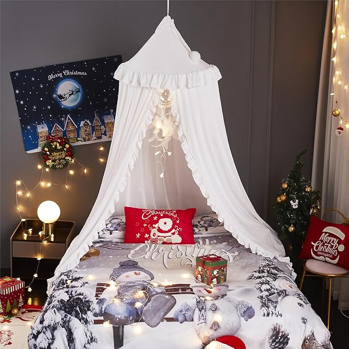 VETHIN Bed Canopy for Girls Kids,Princess Round Dome Children Dreamy Mosquito Net Bedding Girls Room Castle Play Tent Hanging House Decor Reading Nook Canopies (White)