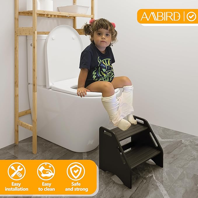 AMBIRD Wooden Step Stool, Two Step Stools 300 lbs Capacity with Safety Non-Slip Pads and Handles, Bamboo Step Stool for Bathroom, Kitchen Step Stools Dual Height Step Stools for Adults (Black)