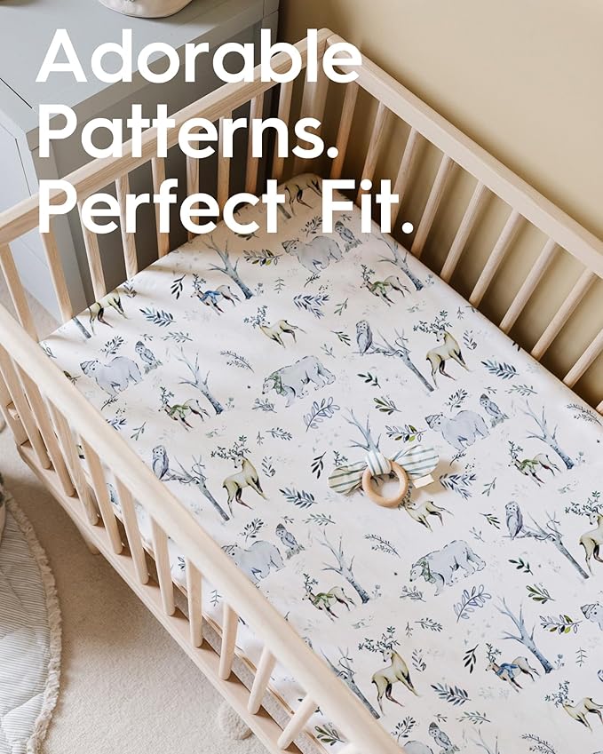 Boy Crib Sheets, TotBasic Premium Soft Crib Mattress Sheet Fitted, Ultra Breathable Crib Fitted Sheet, Super Stretchy Baby Bed Sheets 28''x52''x9'' Extra Deep Pocket (Woodland Deer & Rabbit Fox)