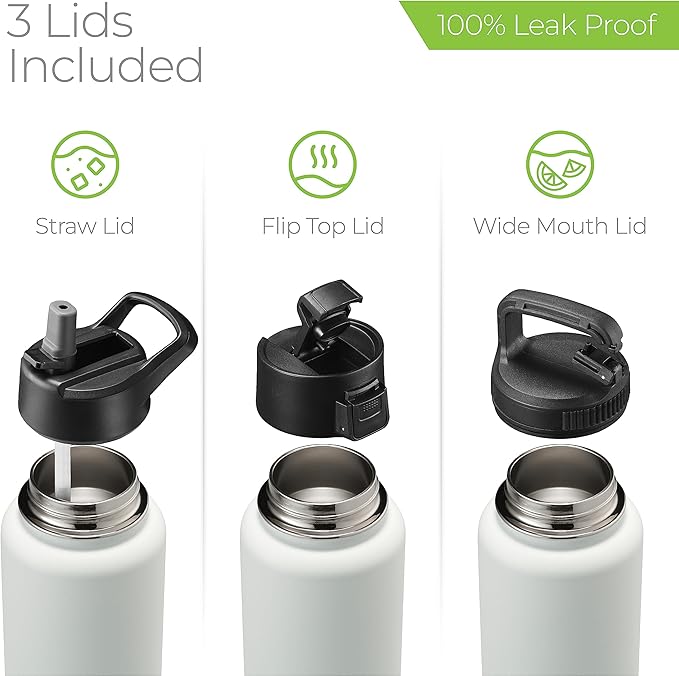 SipX™ Triple-Insulated Stainless Steel Water Bottle 32oz. With 3 Lids, BPA-Free Reusable Insulated Water Bottle Keeps Cold 24 Hours, Metal Water Bottle Made Of Sustainable Material For Hiking & Biking