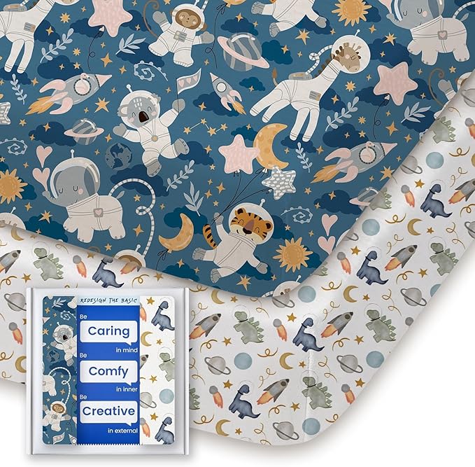 Graco Pack and Play Sheets Fitted, TotBasic Ultra Soft Mini Crib Sheets Boy, Neutral Pack N Play Mattress Sheets Hypoallergenic and Soothing, Premium Jersey Playrad Sheets, 2 Pack (Dino Space)