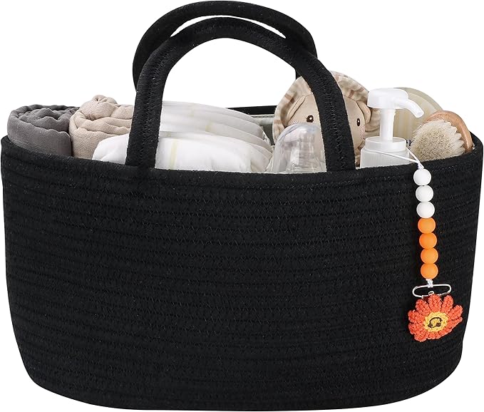 Baby Diaper Caddy Organizer for Girl Boy Cotton Rope Nursery Storage Bin Basket Portable Holder Tote Bag for Changing Table Car Travel Baby Shower Gifts Newborn Essentials Registry Must Haves Black