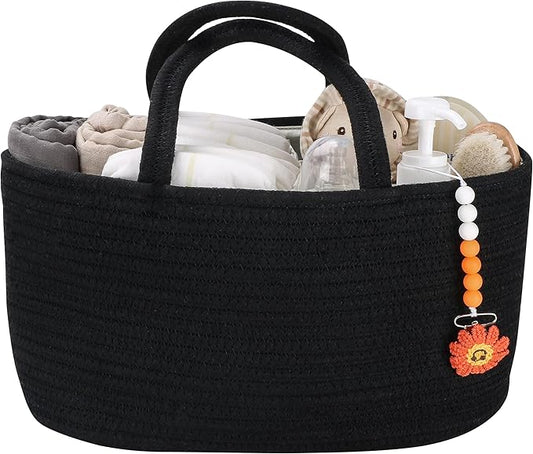 Baby Diaper Caddy Organizer for Girl Boy Cotton Rope Nursery Storage Bin Basket Portable Holder Tote Bag for Changing Table Car Travel Baby Shower Gifts Newborn Essentials Registry Must Haves Black