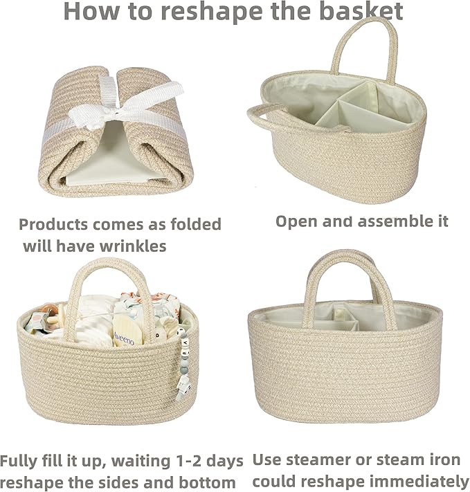 Baby Diaper Caddy Organizer for Girl Boy Cotton Rope Nursery Storage Bin Basket Portable Holder Tote Bag for Changing Table Car Travel Baby Shower Gifts Newborn Registry Must Have Items oatmeal