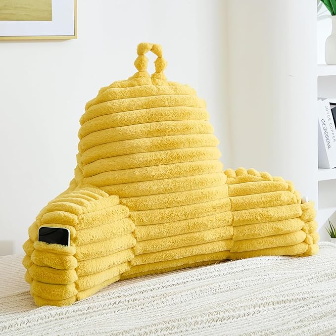 Faux Fur Fluffy Yellow Reading Pillow with Pockets, Luxury Striped Plush Decorative, Arm Rests and Back Surport for Bed Rest, Lounging on Sofa, Standard