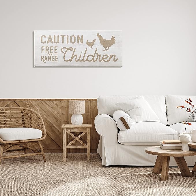 Stupell Industries Caution Free Range Children Sign Funny Farm Chickens, Design by Daphne Polselli Canvas Wall Art, 48 x 20, Beige