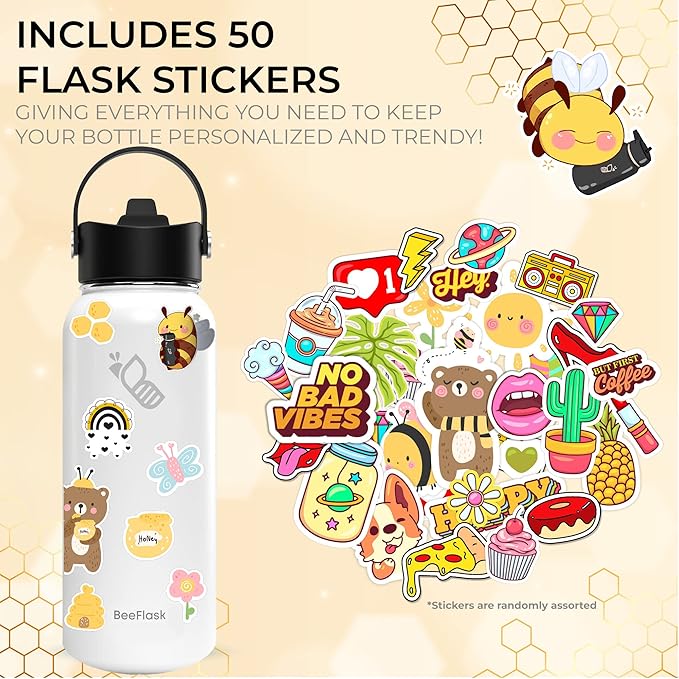 Sports Water Bottle - 32 Oz, Includes 50 Cute Flask Stickers, 3 Lids (With straw), Vacuum Insulated, 308 Stainless Steel, with a Portion of Sales Supporting Bee Conservation | White